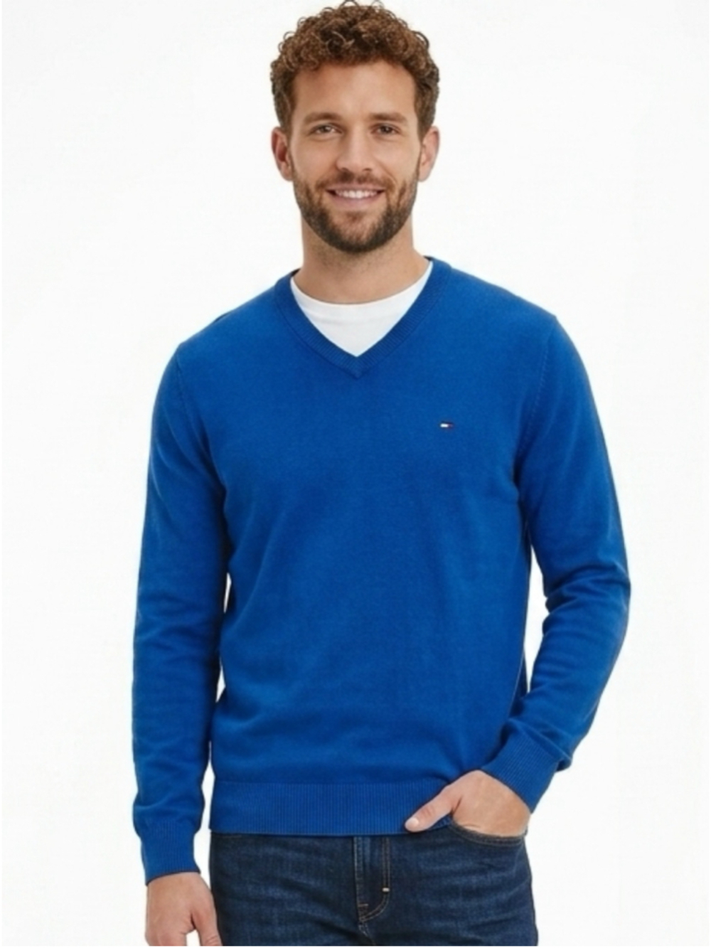 Tommy Hilfiger Men's Classic Royal Blue V-Neck Sweater preppy business casual575